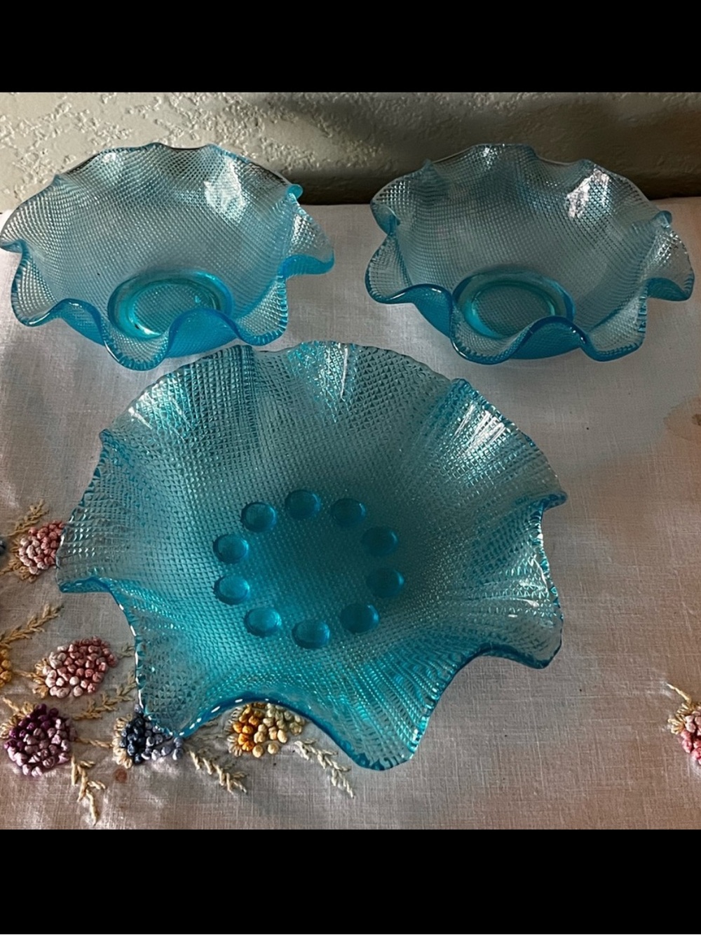 Vintage Italian Colony Waffle Ruffled Glass Dessert Bowls 1960s - Blue